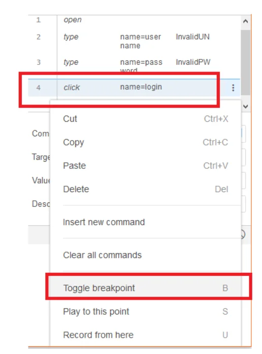 Breakpoints and Startpoints in Selenium IDE