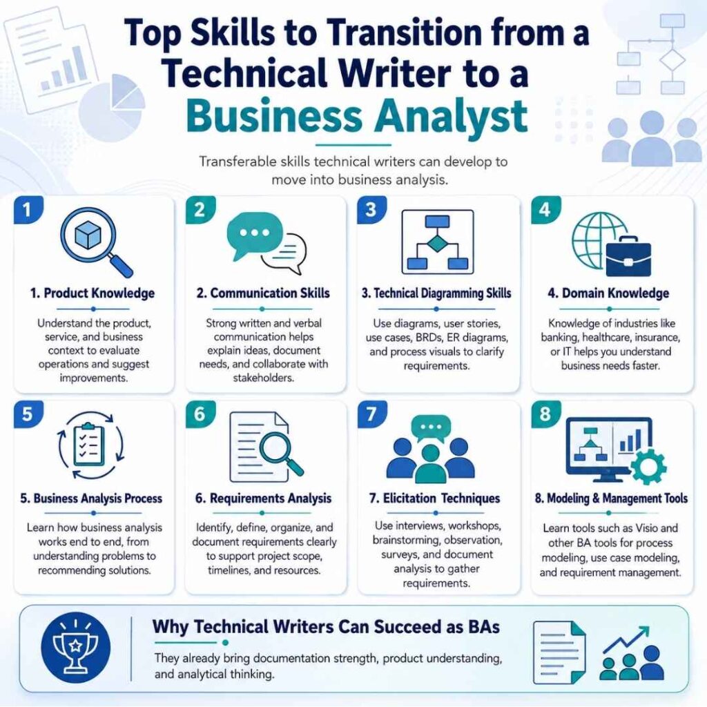 Top skills to transition from a Technical writer to a Business Analyst Technical Writer to a Business Analyst