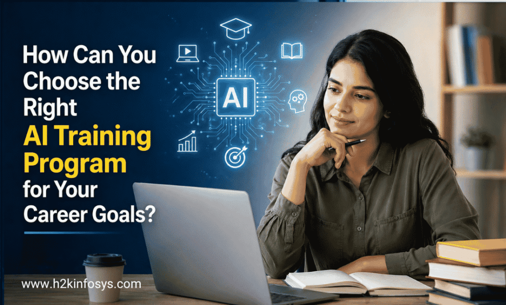 Woman contemplating AI training program options.