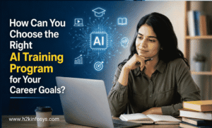 Woman contemplating AI training program options.