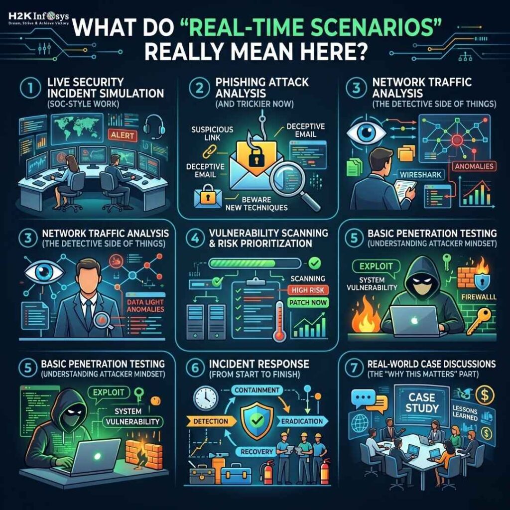 What kind of real-time scenarios are covered in cyber security courses at H2K Infosys? cyber security courses