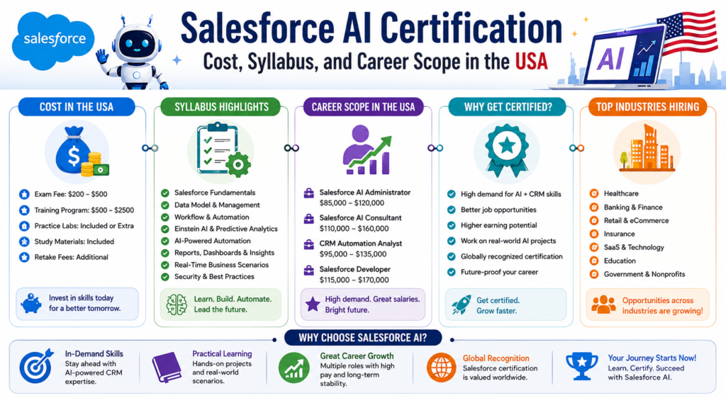 Salesforce AI Certification Cost, Syllabus, and Career Scope in the USA Salesforce AI Certification Cost, Syllabus, and Career Scope in the USA